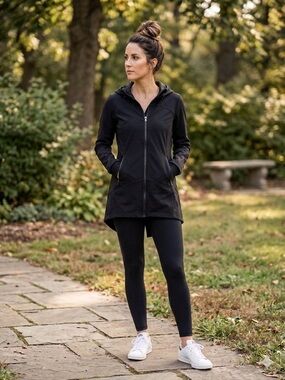 EUC Black Hooded Softshell Parka Silhouette Long Lightweight Activewear Jacket